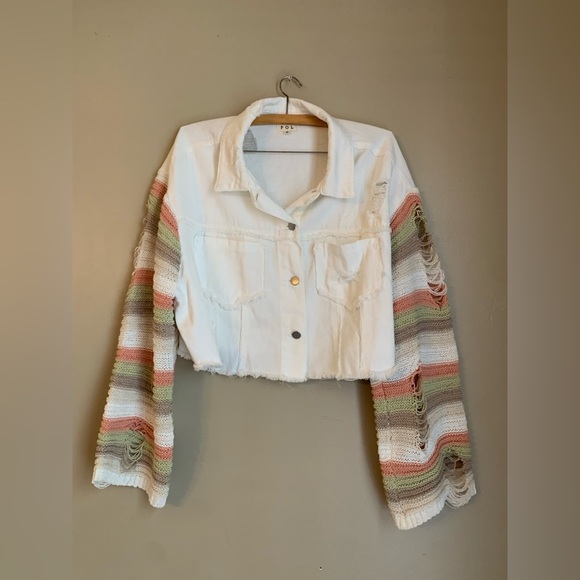 POL white sweater sleeve denim jean Jacket coat distressed boho coastal - Picture 1 of 9